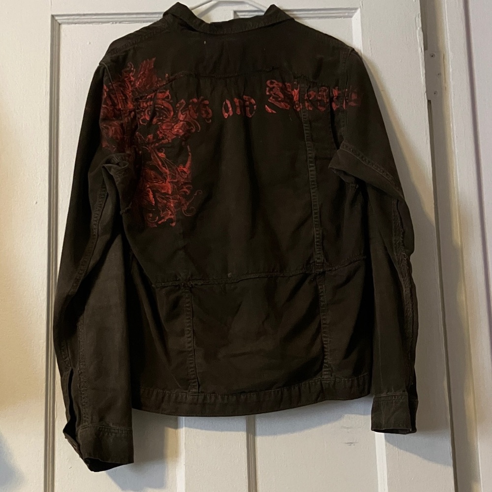 Salvage Olive Green Button-Down Shirt Jacket with Red Graphic